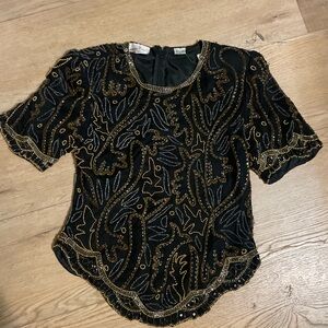 Laurence Kazar rare silk 80s vintage Black Gold silver Beaded Blouse L